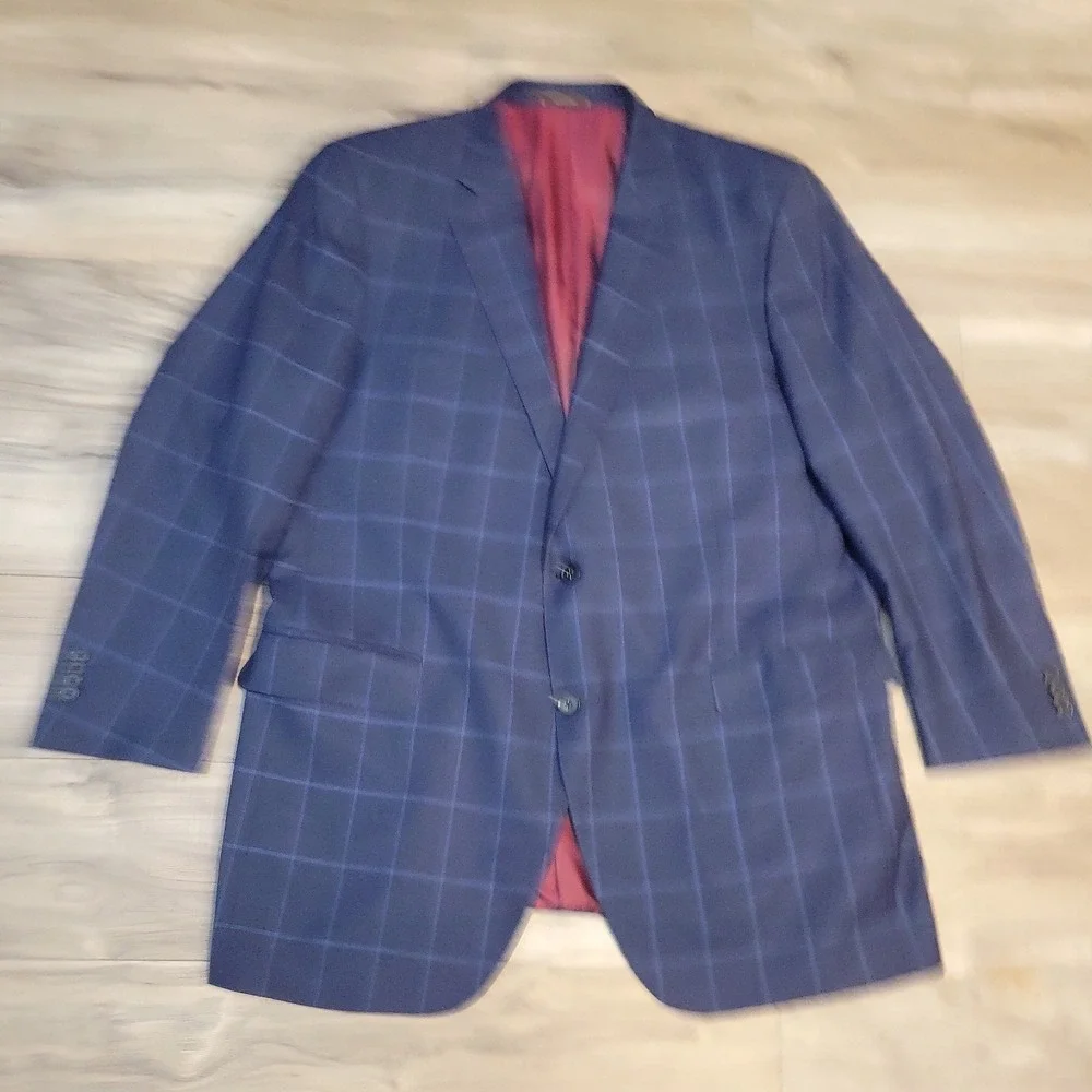 Peter Millar Blazer Jacket 46T Blue 100% Wool Windowpane Sport Coat Two-Button